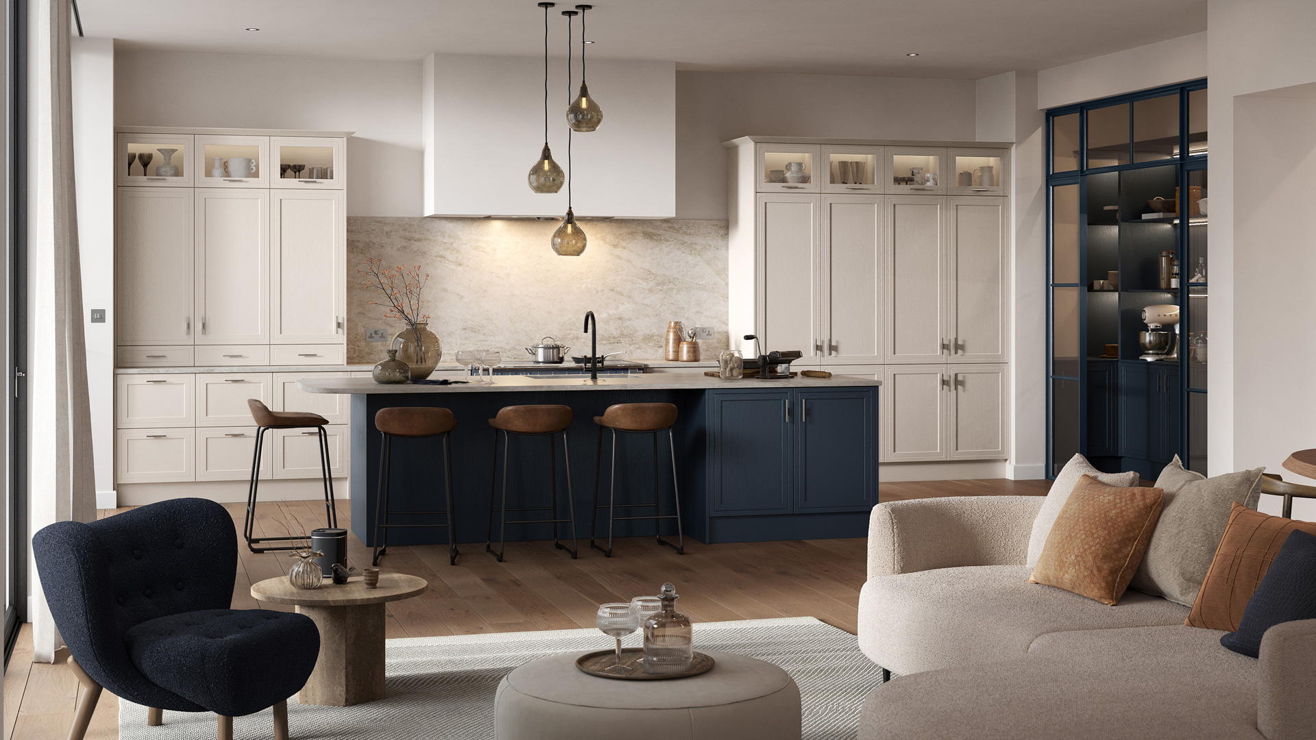 The Arrington kitchen in shell and slate blue